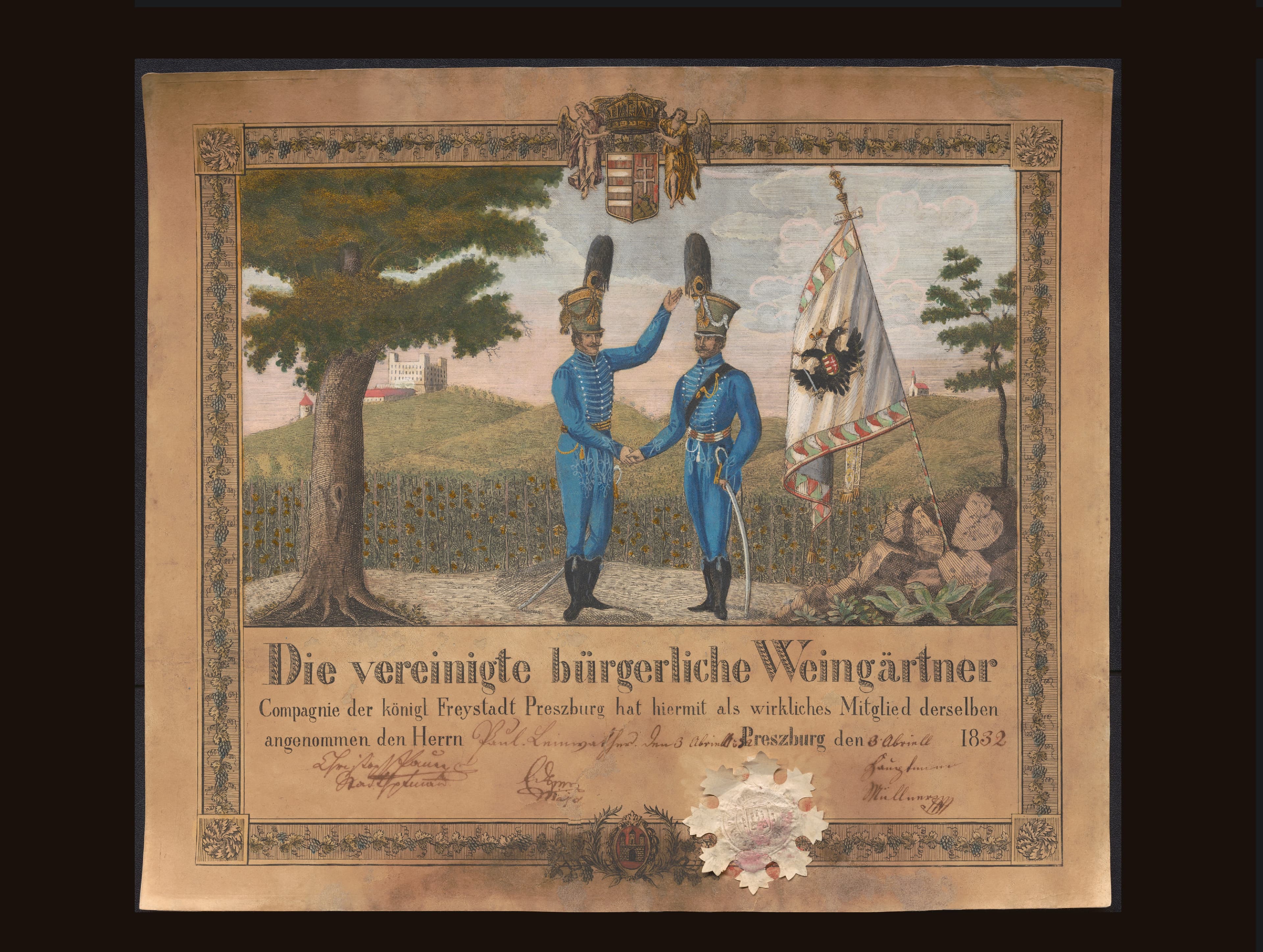 Diploma of membership in the burgher vineyard guard of Paul Leinwather.